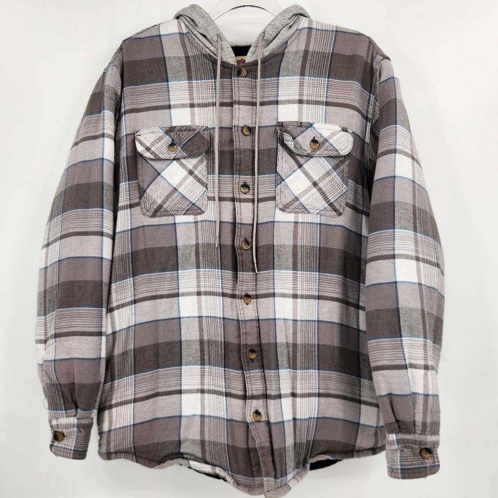 Wrangler Authentics Quilted Hooded Jacket Mens Size Medium Gray Plaid Flannel